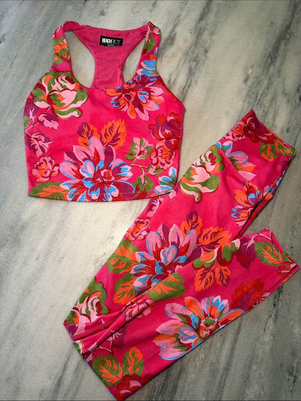 Beach Riot Hot Pink Floral High-Waist Leggings & Racerback Sports Bra
